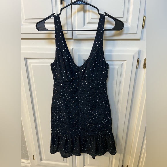 BCBGeneration navy blue ruched dress metallic polka dots size 2 - Picture 2 of 6